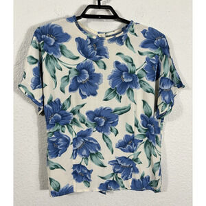 Vintage Jones Wear Hawaiian Floral Shirt Womens Size 10 Blue Rayon Short Sleeve